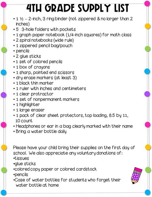 4th Grade Supply List